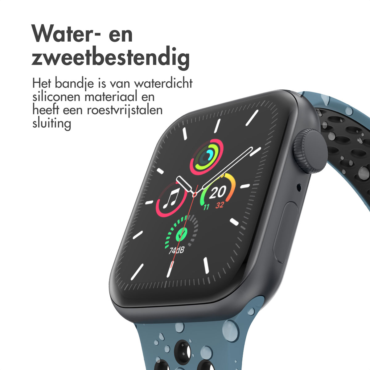 A close-up of a smartwatch with a dark screen and a blue band. The watch displays health data, and text in Dutch is visible.
