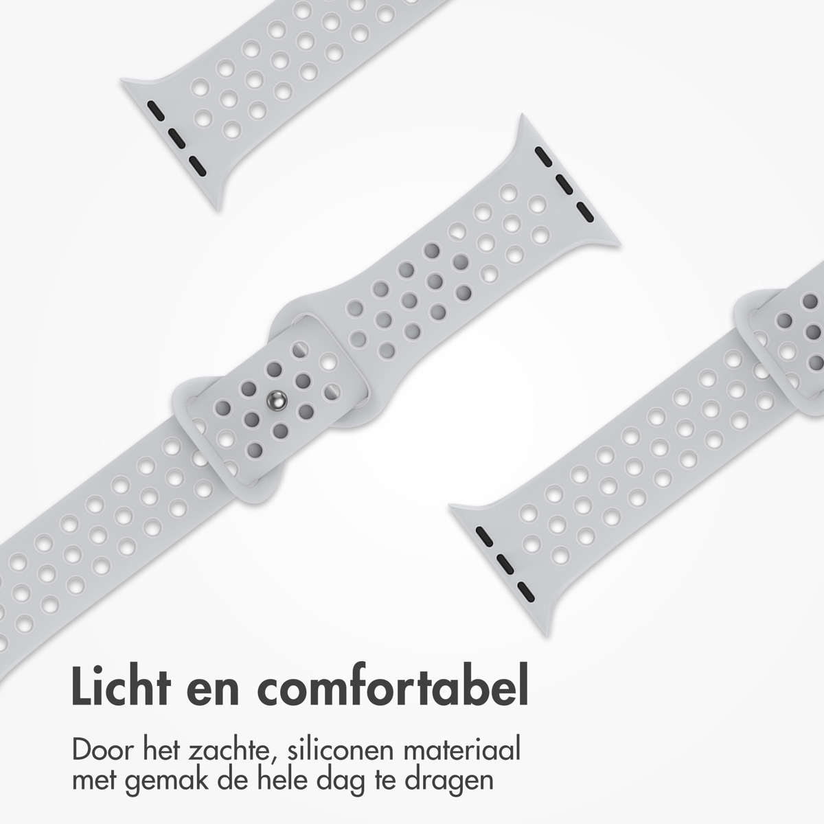 Light grey watch straps with perforated holes. One strap is buckled. Text at the bottom says 'Light and comfortable'.