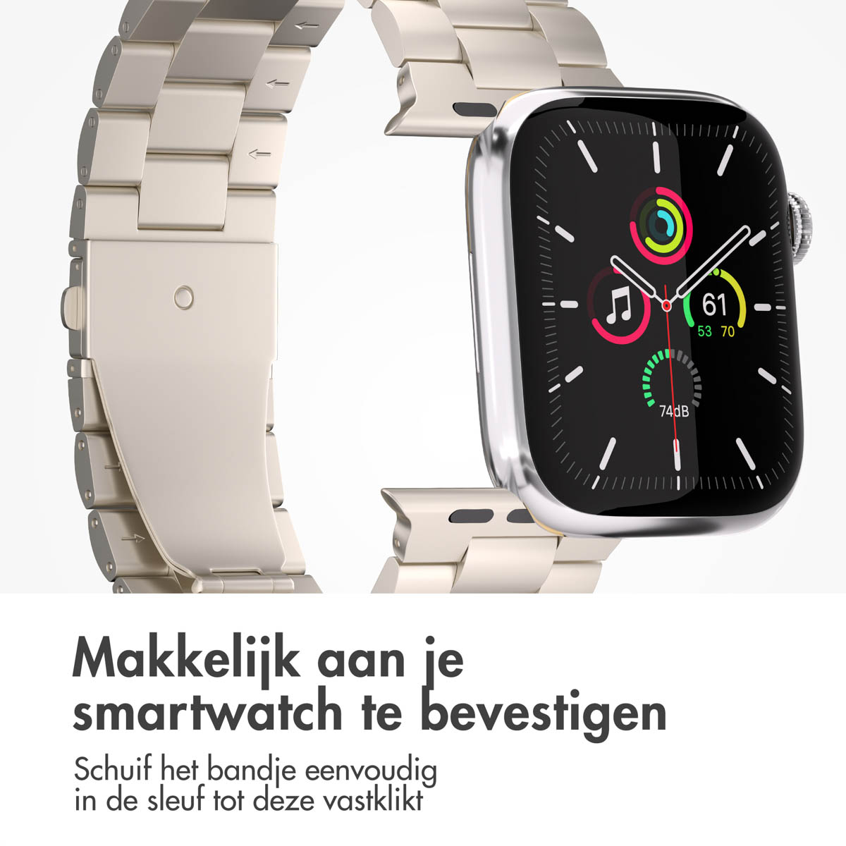 A silver smartwatch with a black screen displaying activity metrics. The watch band is also silver, and the background is white.