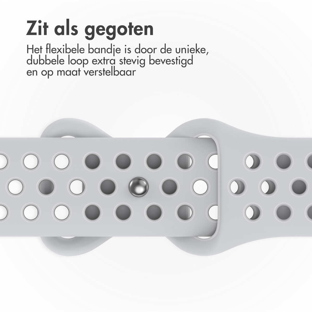 Close-up of a gray watch strap with holes and a metal clasp. Text in Dutch at the top. White background.