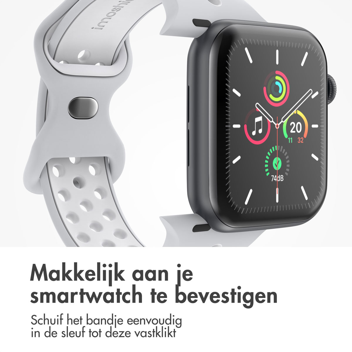 A gray smartwatch with a white band and a digital display.
