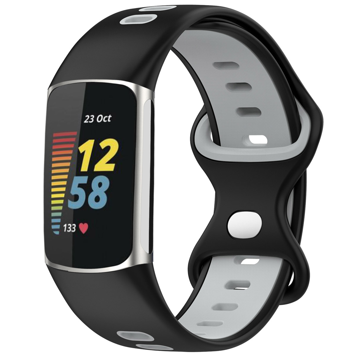 Black fitness band with gray insert, showing 12:58, date and heart rate.