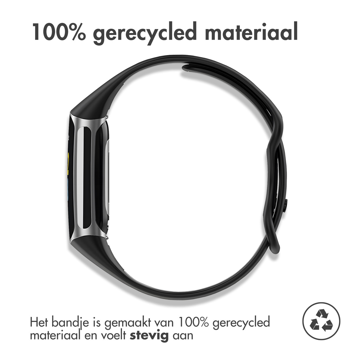 Black wristband made of 100% recycled material with silver accents.