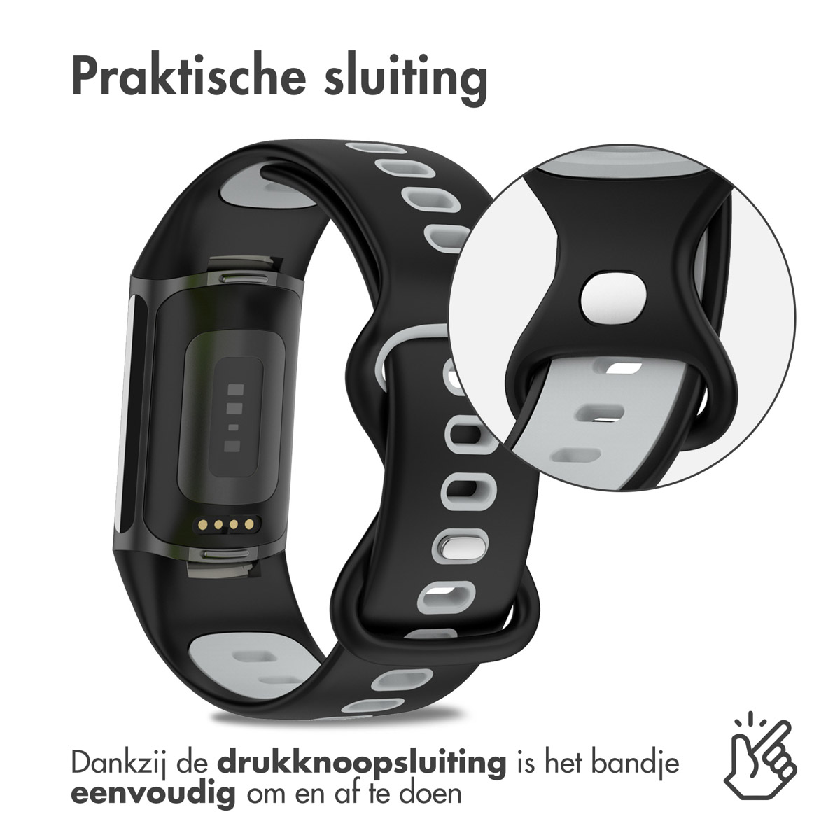 Black fitness band with snap closure. Close-up view of the clasp mechanism.