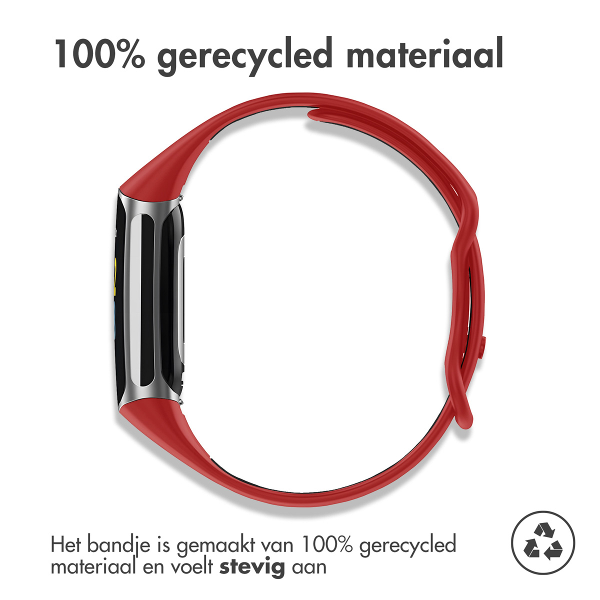 A red watch band made of 100% recycled material with a silver insert.