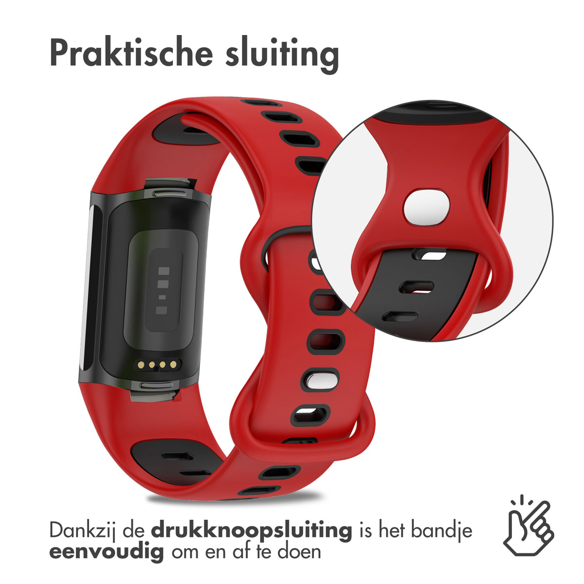 Red wristband with black insert and buckle, close-up of the clasp.