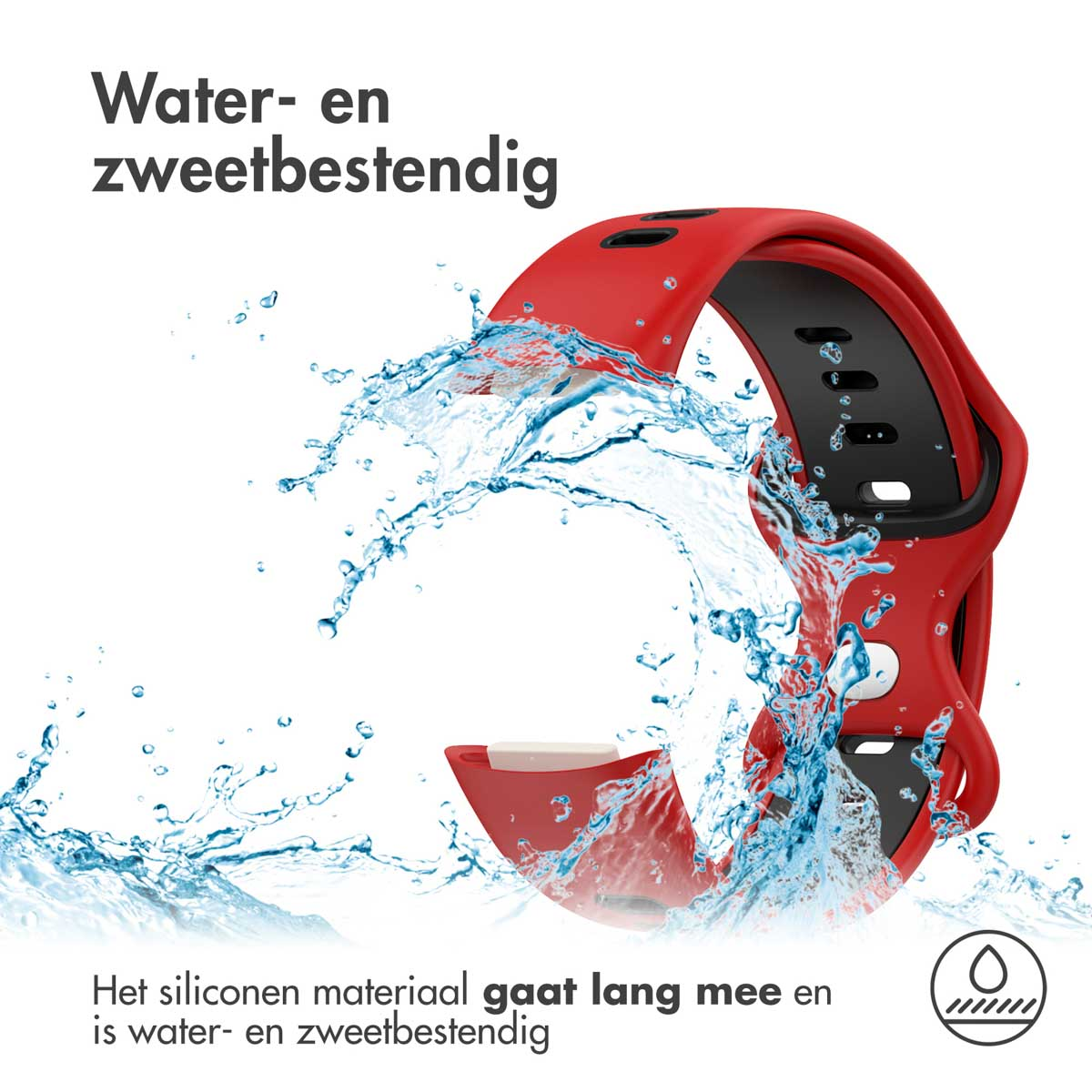 Red watch band with water splashes, water and sweat resistant.