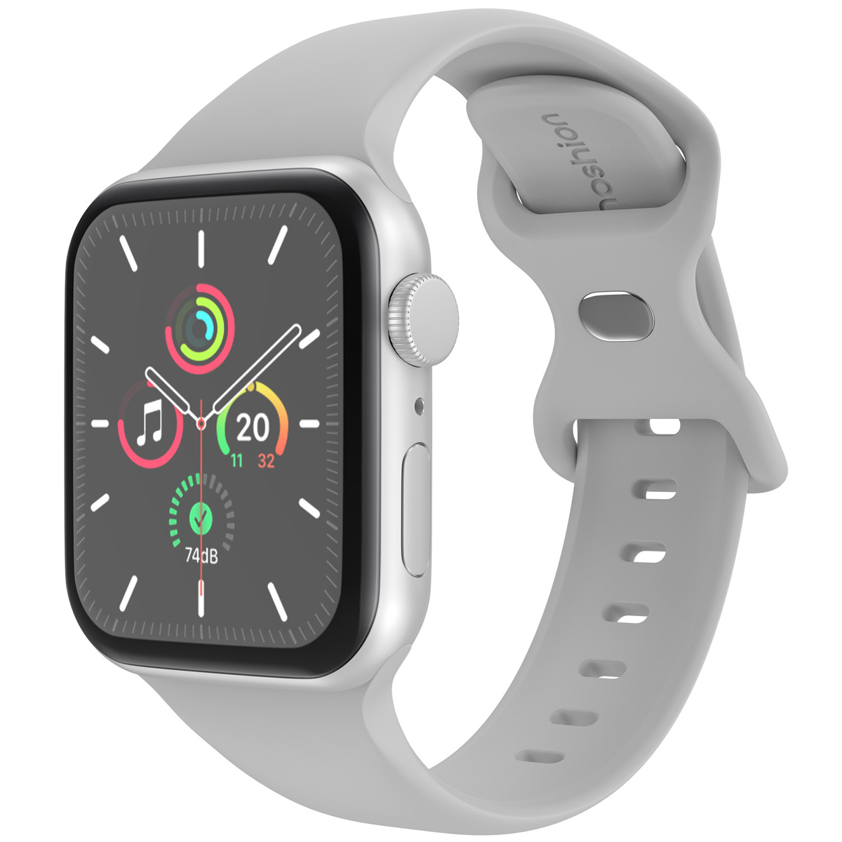Grey smartwatch with grey strap. The watch face shows time and app icons.