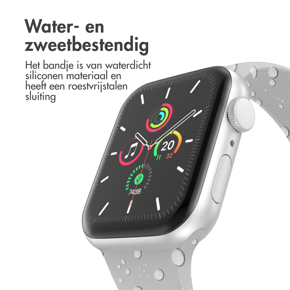 Watch with gray band. Text: 'Water and sweat resistant'. Silicone material and stainless steel clasp.