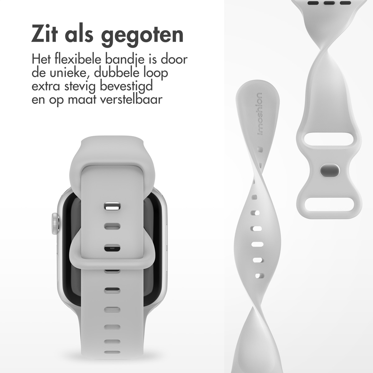 Light gray watch attached to a white watch band, with two detached bands. Text: Fits perfectly.