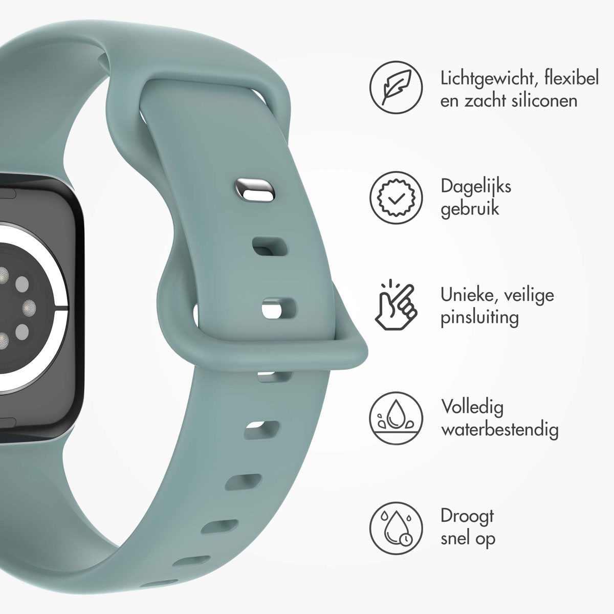 Light blue watch band. Icons show lightweight, daily use, unique clasp, waterproof, and quick drying.