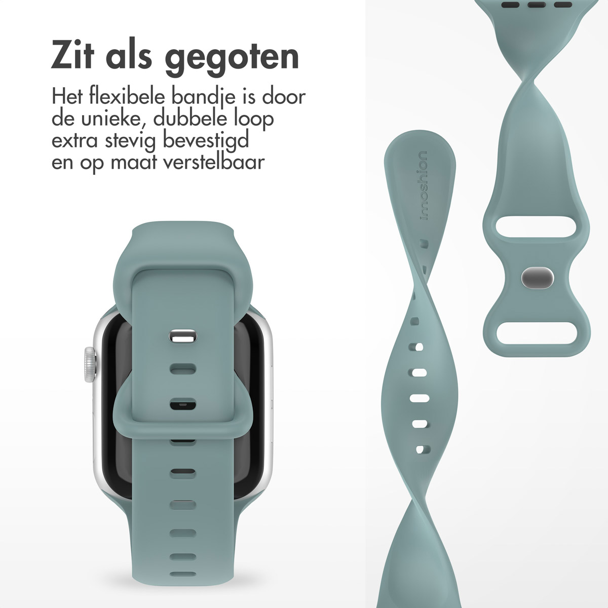 A green smartwatch band, detached. It is flexible with a double loop for a secure fit. The band is adjustable.