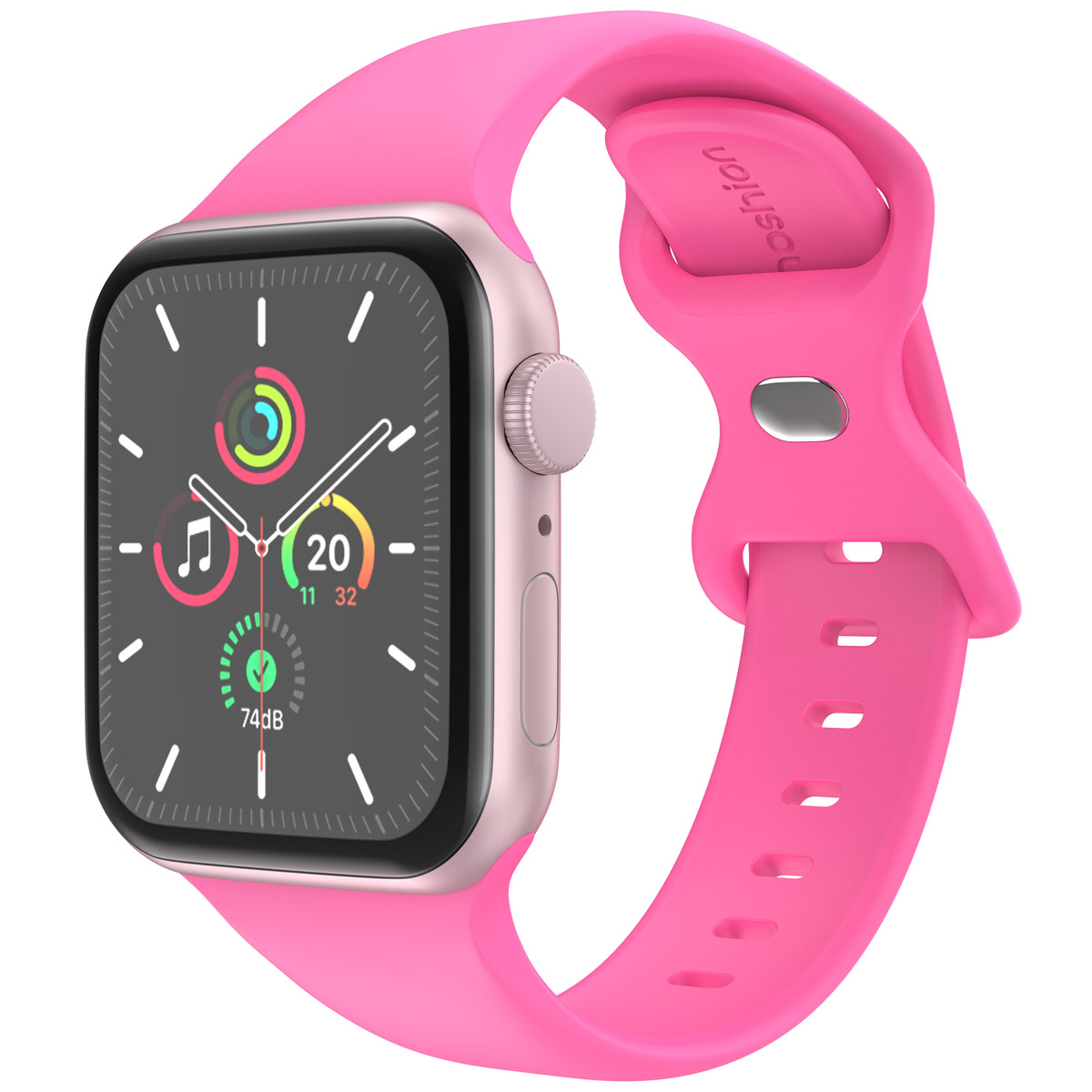 Pink Apple Watch with pink band. Watch face displays time and apps. Strap is made of silicon.
