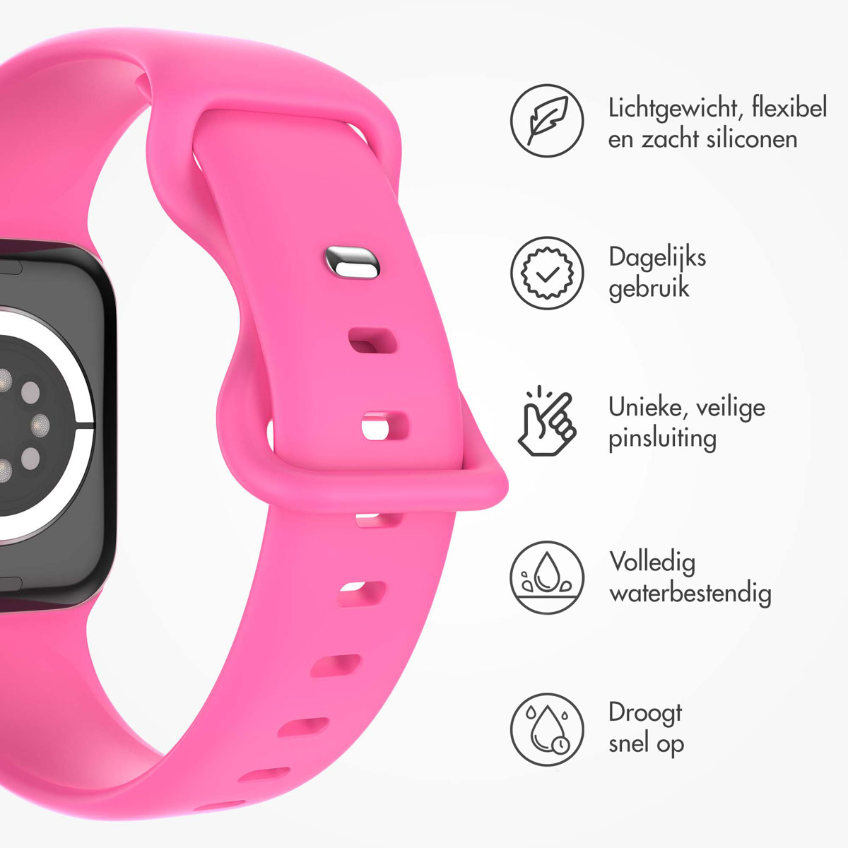Pink watch band with a black watch. Icons indicating features: light, daily use, safe.
