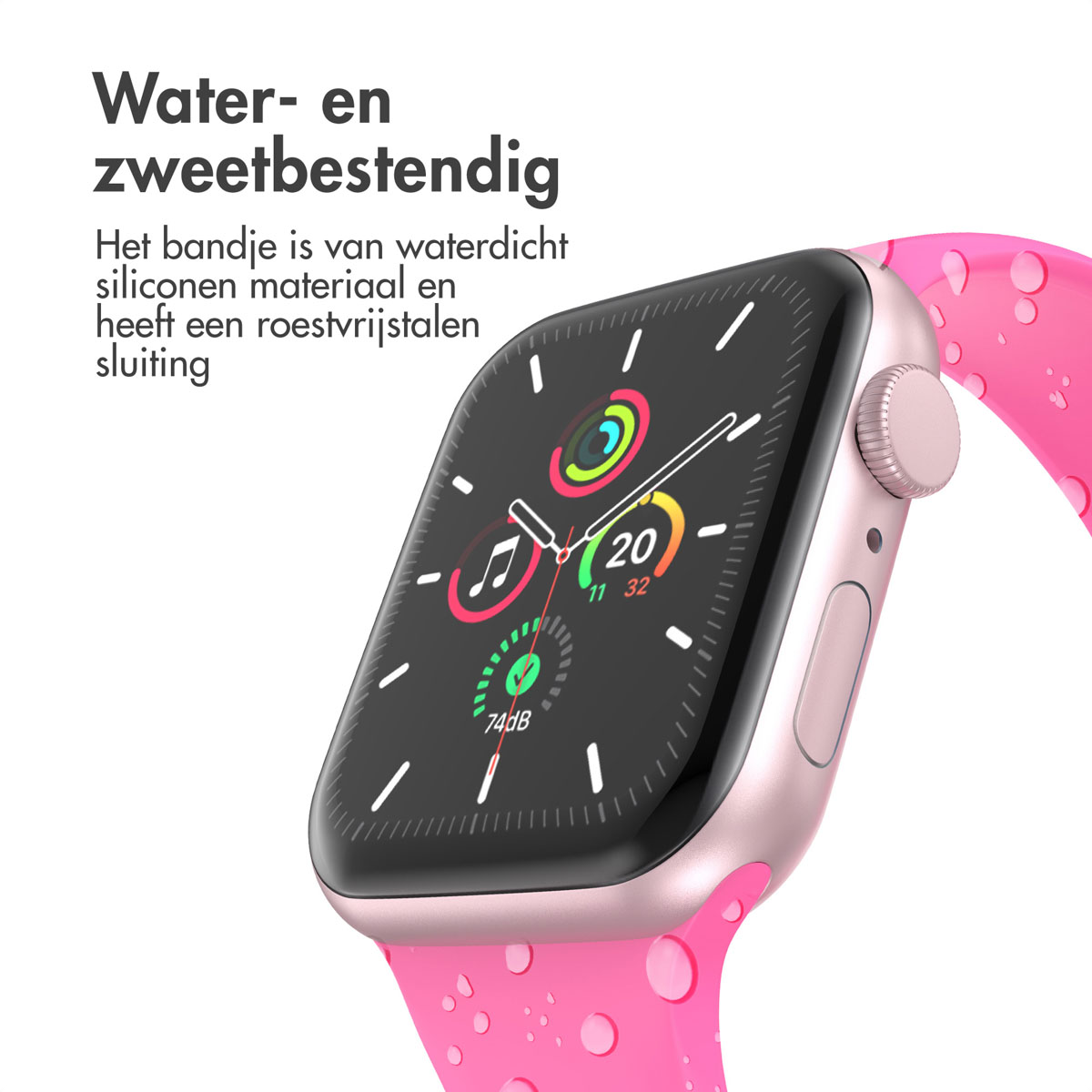 Pink Apple Watch with a pink silicone strap. The watch face displays time and app icons. Water- and sweat-resistant.