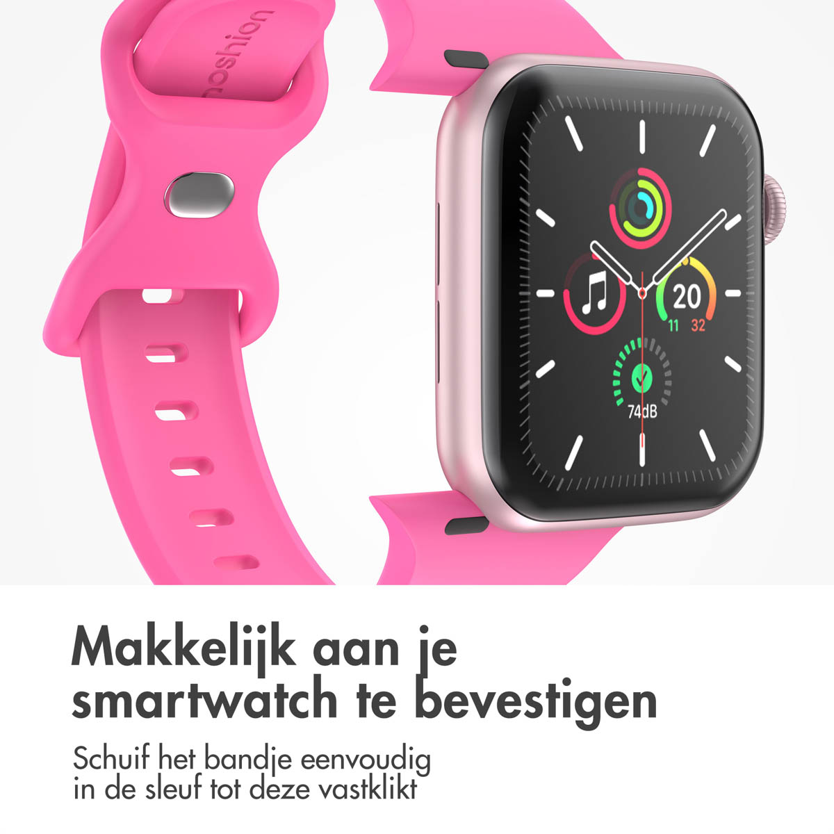 Apple Watch with a pink strap. The strap easily attaches to the smartwatch. The watch face shows time and app icons.