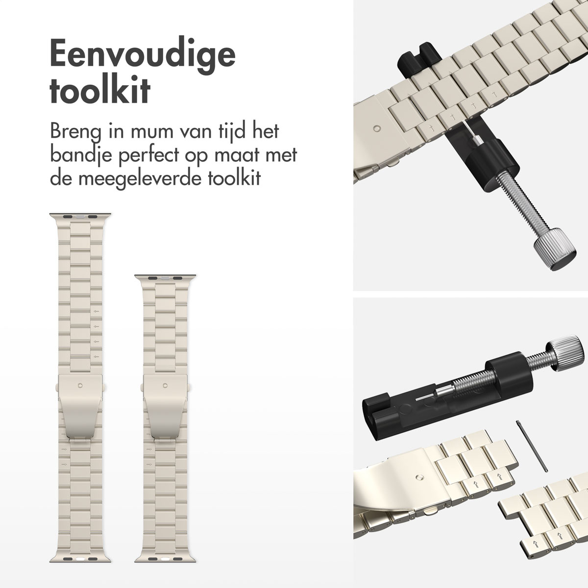 Toolkit and watch bands. Includes tools for adjusting links. Watch bands are silver-colored, with a metal link design.