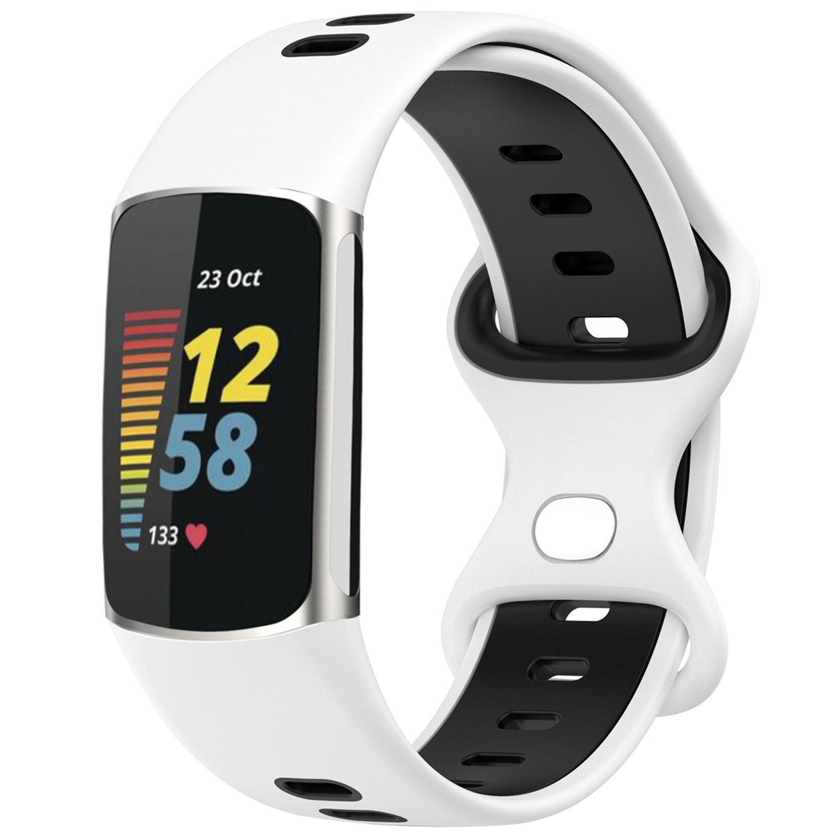 White fitness tracker with black band, showing 12:58, Oct 23.