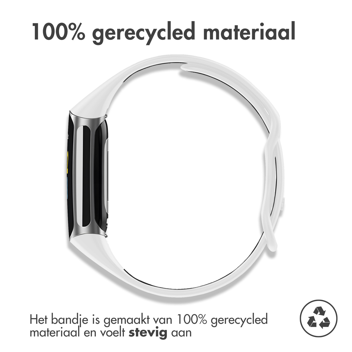 A white fitness band, made from 100% recycled material.