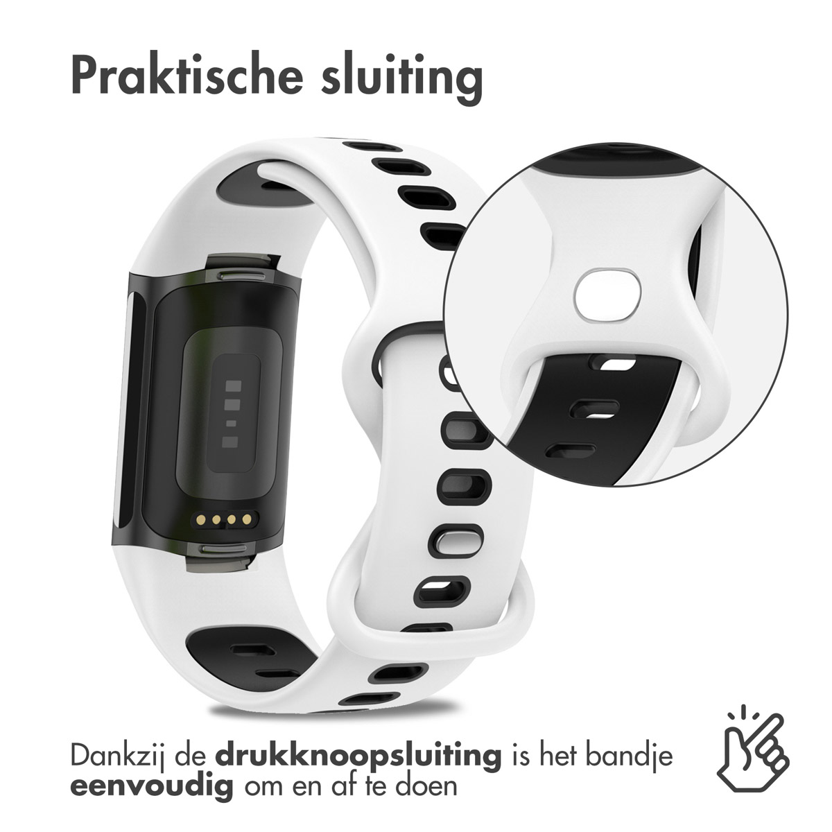 White fitness band with black display and detailed clasp close-up.