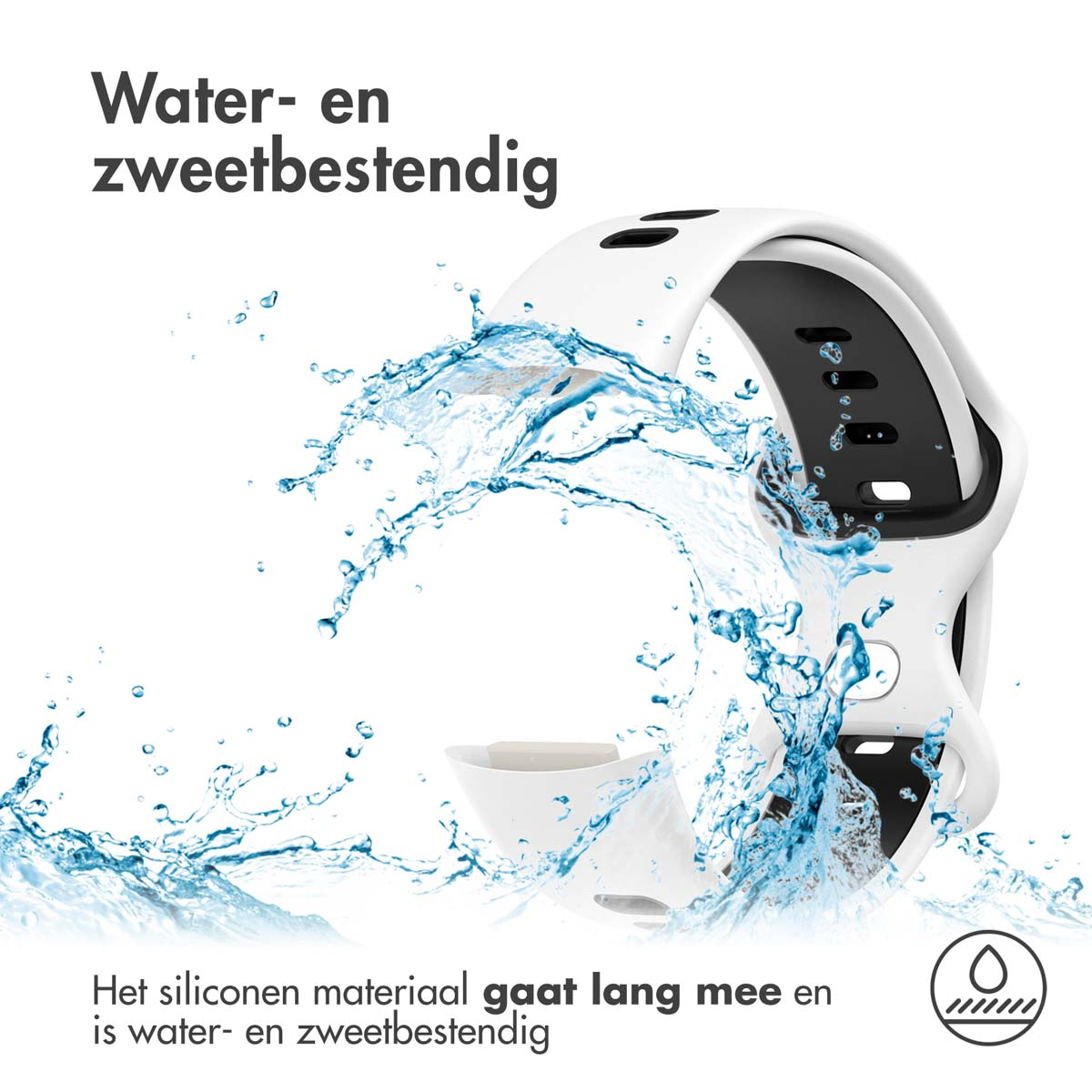 A white watch band with water splashing. It is water and sweat resistant.