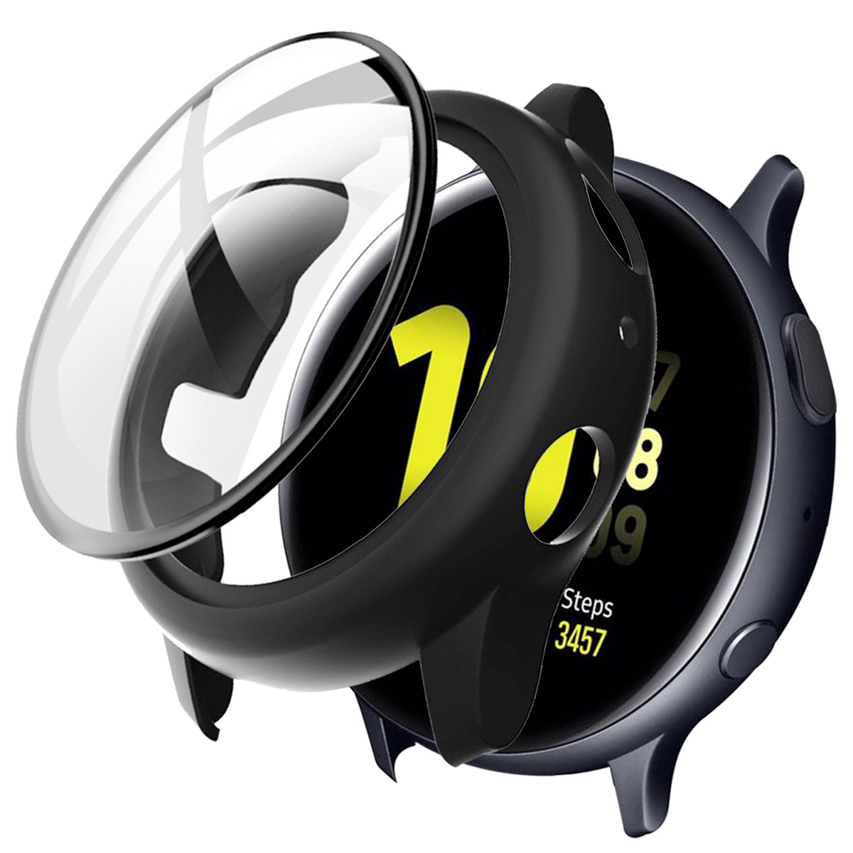 Zwarte smartwatch met een doorzichtige hoes. De hoes wordt op het horloge geplaatst. Zwarte achtergrond.