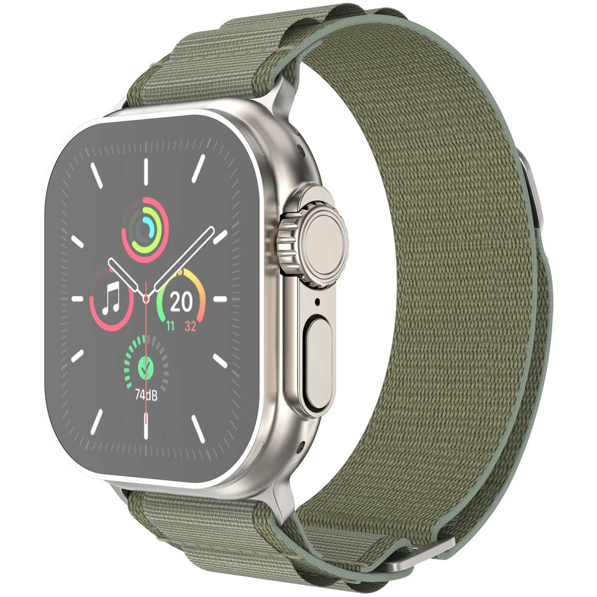 Zilveren Apple Watch met olijfgroene band. De horloge toont gegevens op het scherm.