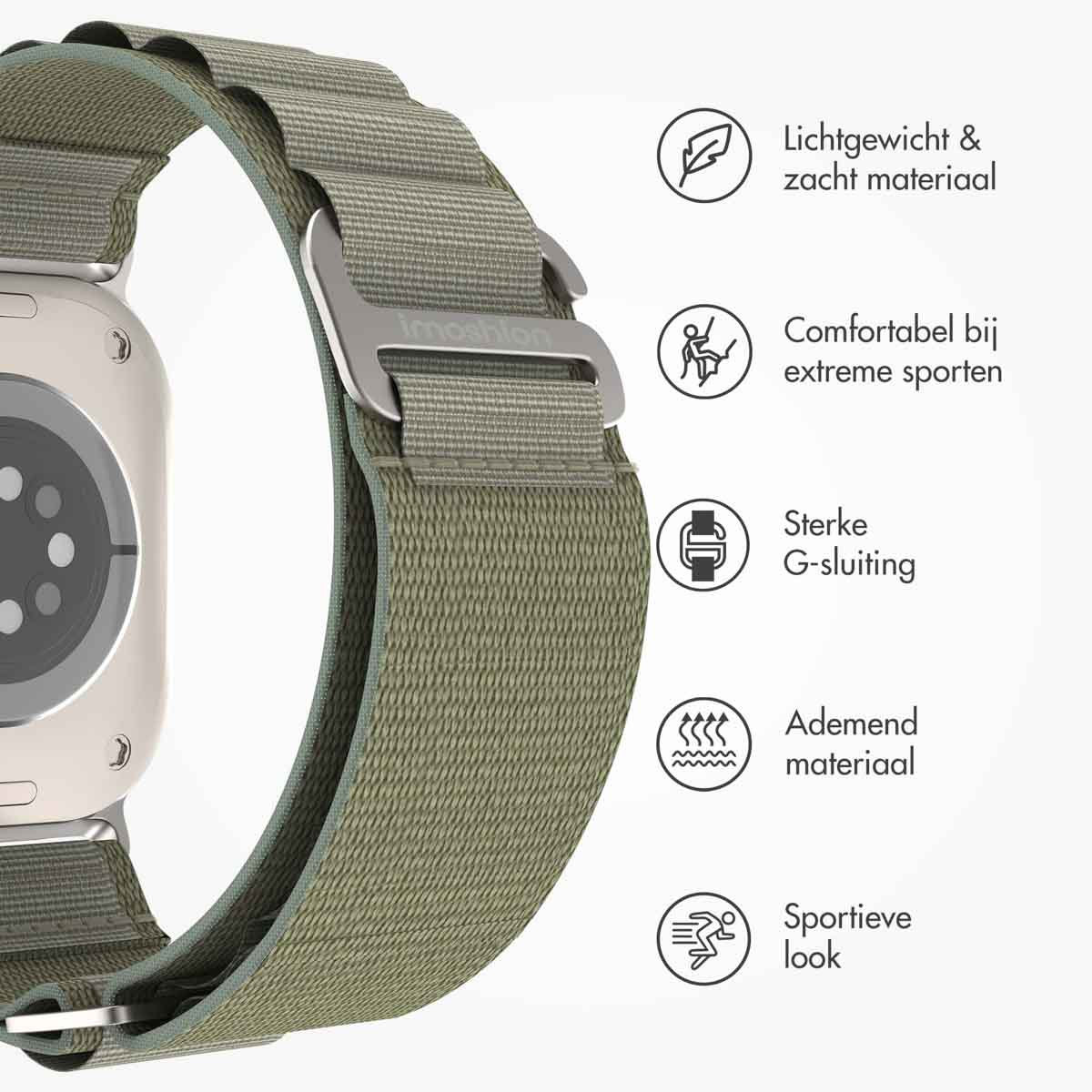 Zilveren Apple Watch met groene band. Pictogrammen tonen functies zoals lichtgewicht, sport en veilige sluiting.