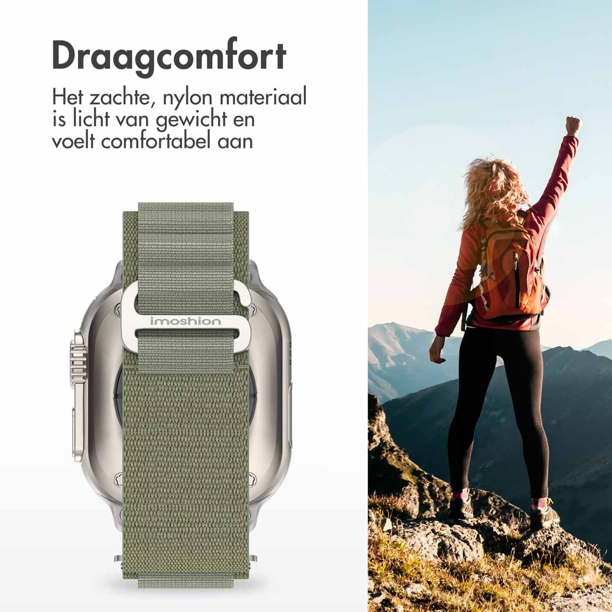 Een smartwatch met een olijfgroene band. Een vrouw staat op een berg met haar arm omhoog. Lucht op de achtergrond.