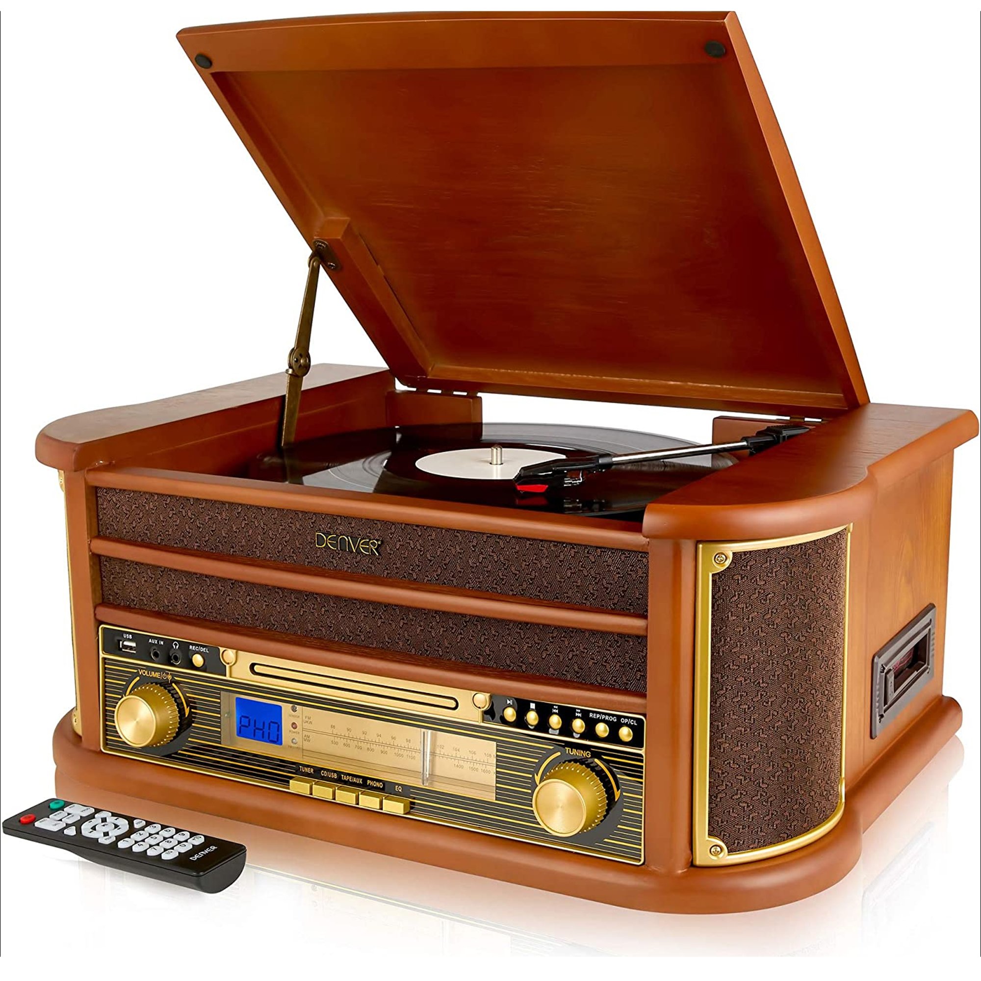 Vintage houten platenspeler met open deksel, met de plaat en het bedieningspaneel.