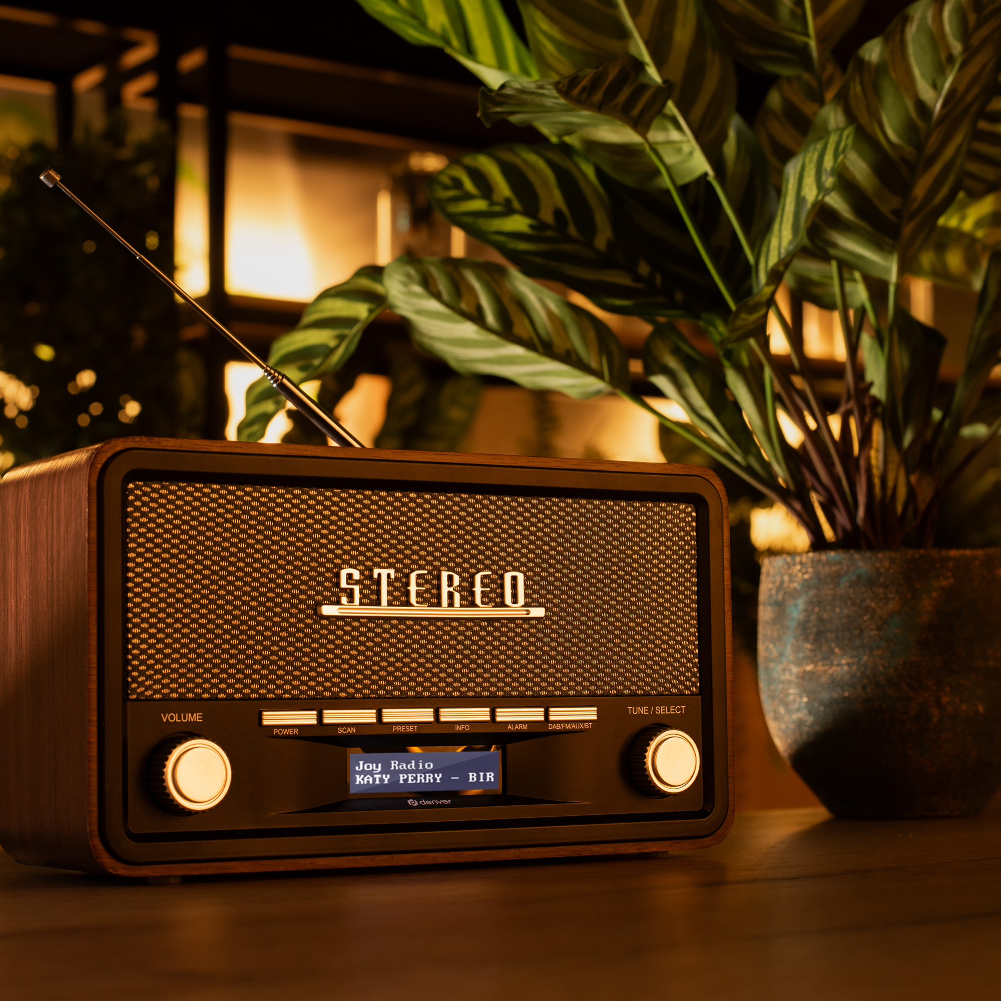 Zabytkowe drewniane radio ze srebrnym głośnikiem i zieloną rośliną w tle.