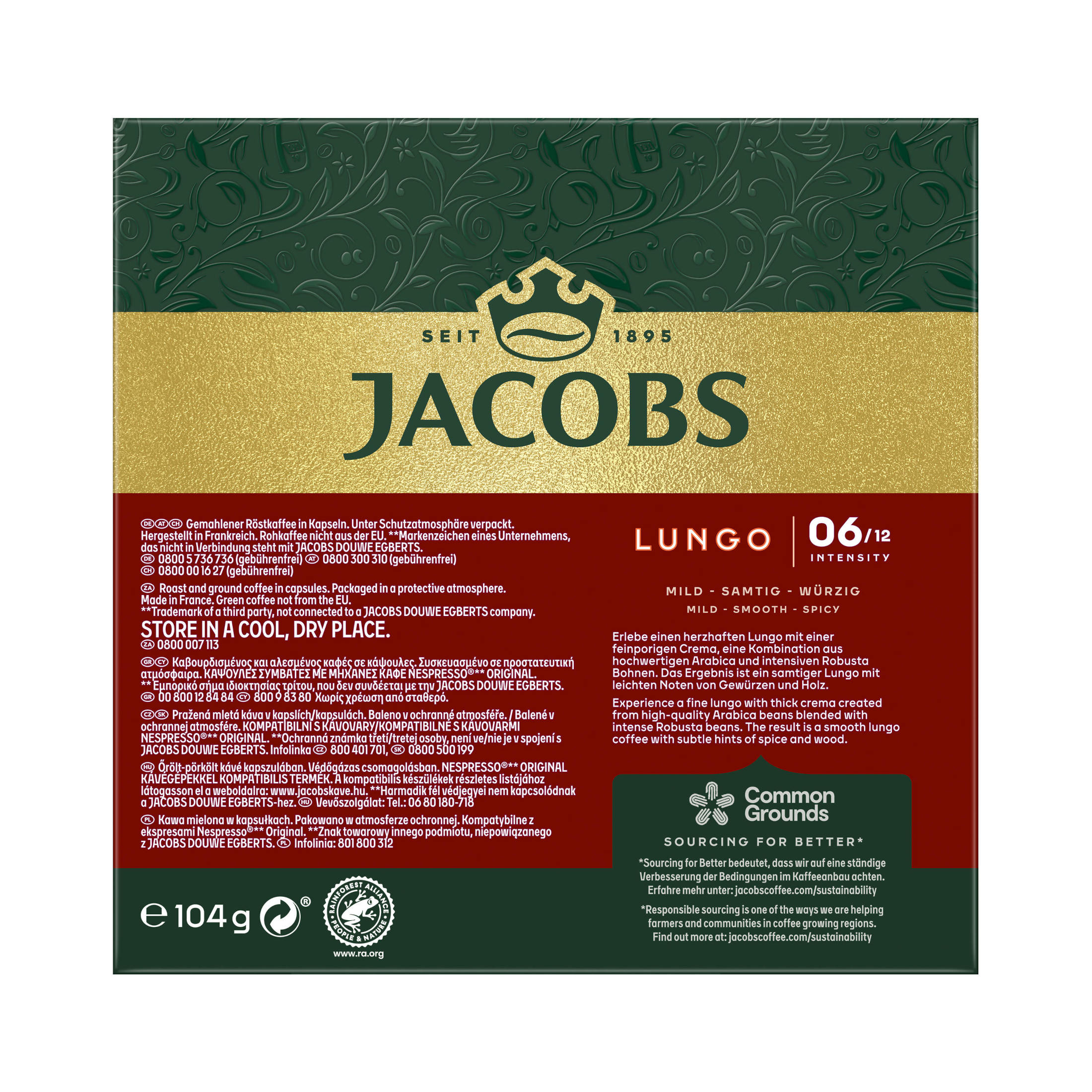 Eine Kaffeepackung mit Text: JACOBS LUNGO 06/12 INTENSITY. Details zum Kaffee sind enthalten.