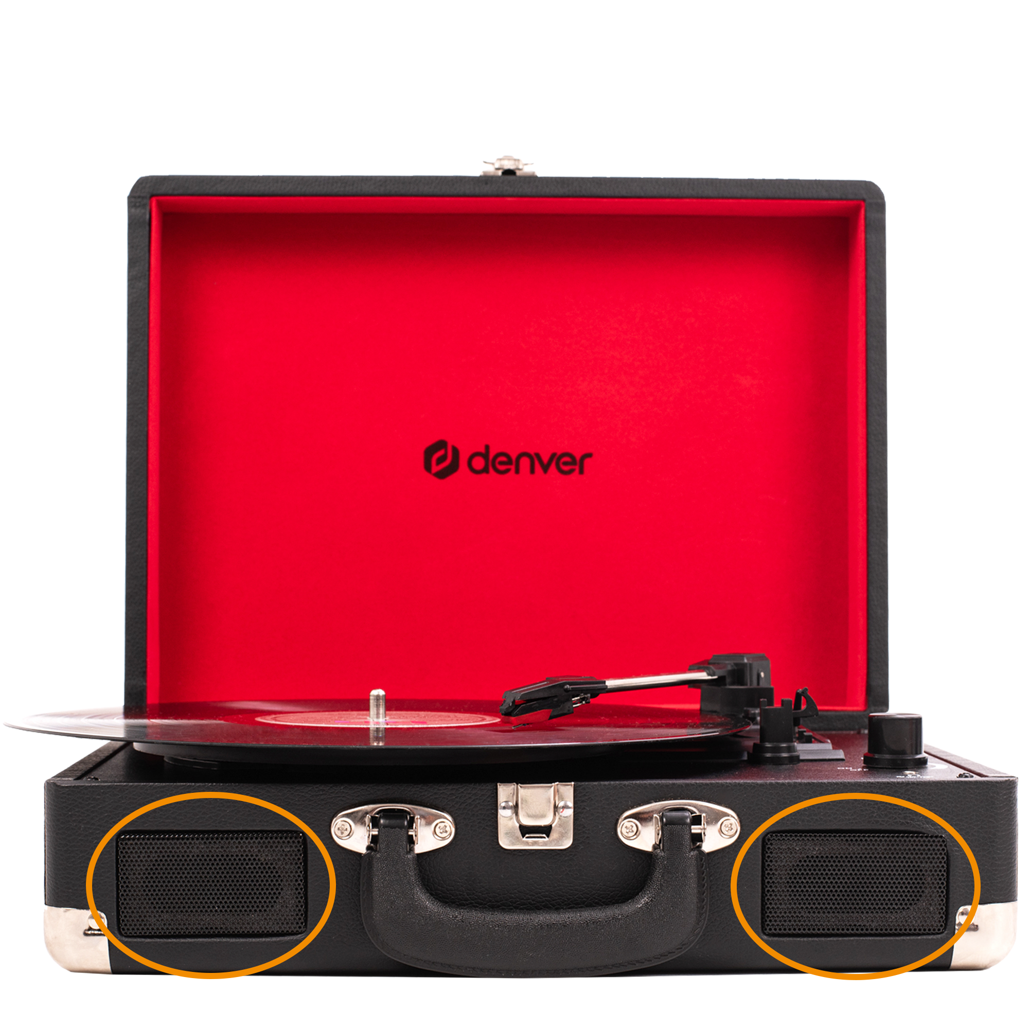 Czarny gramofon w walizce z czerwonym wnętrzem i głośnikami. Widoczne logo 'Denver'.