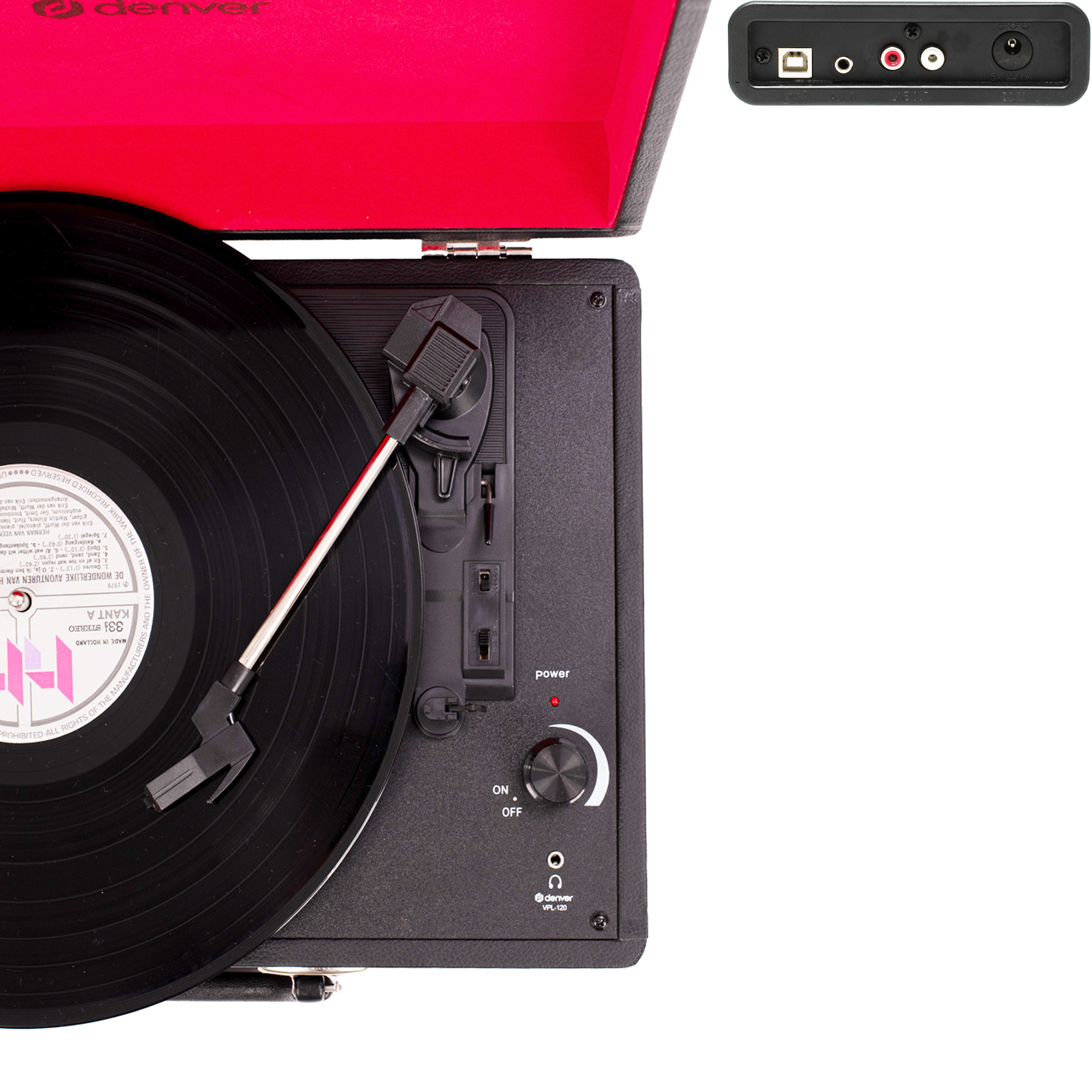 Gramofon z płytą. Tło jest białe. Jest port USB.