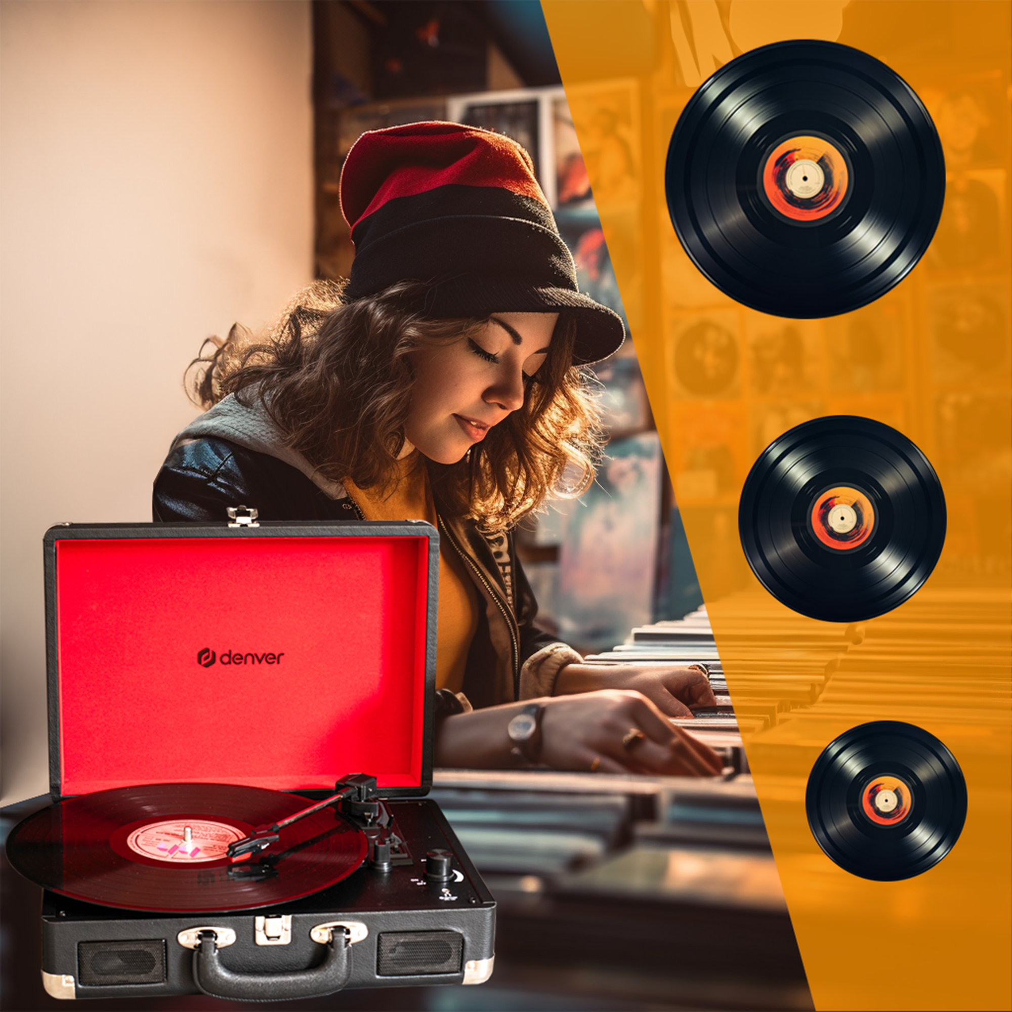 Kobieta słucha muzyki na gramofonie; trzy płyty winylowe po prawej stronie, pomarańczowe tło.