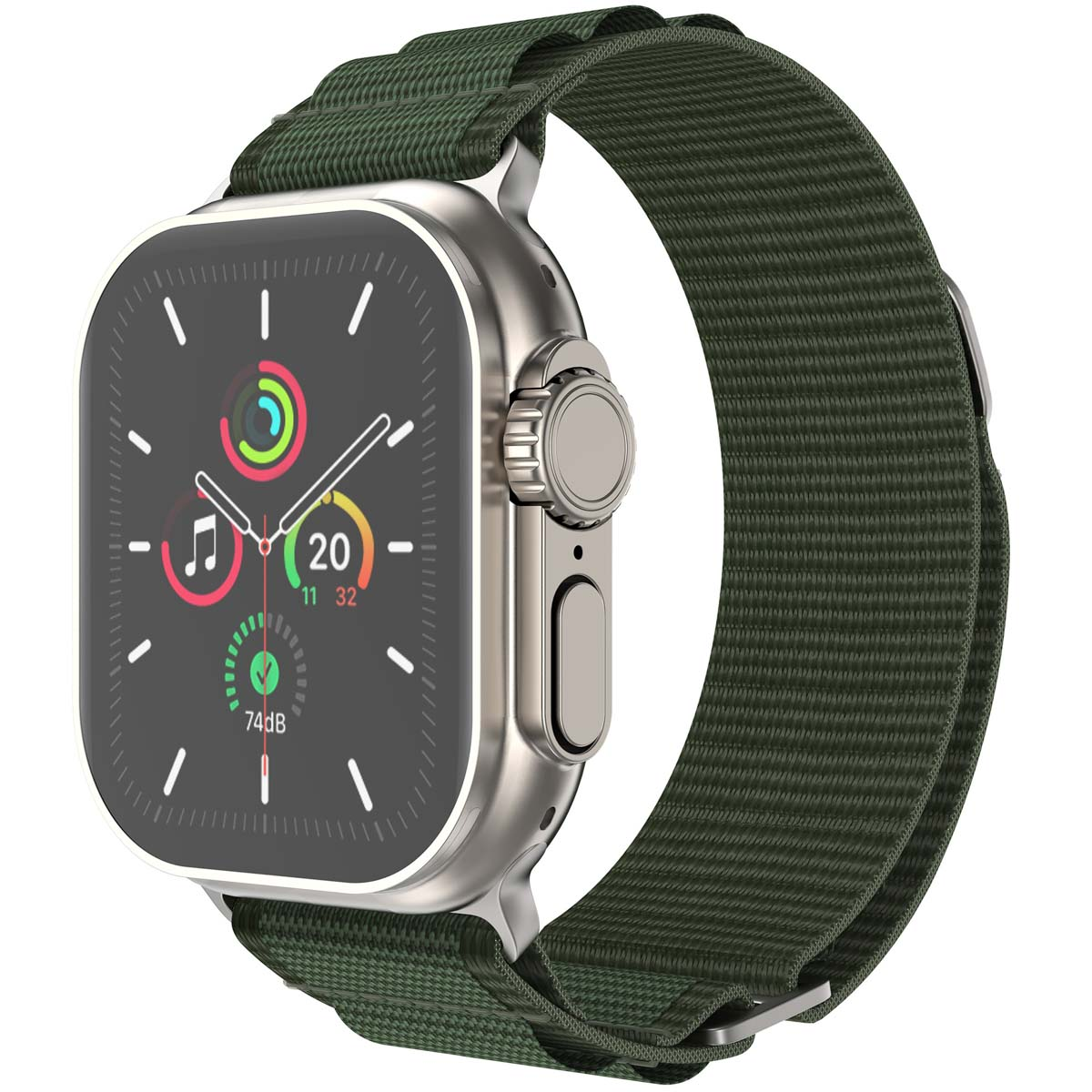 Een olijfgroen horloge met een groene band, die de tijd weergeeft.