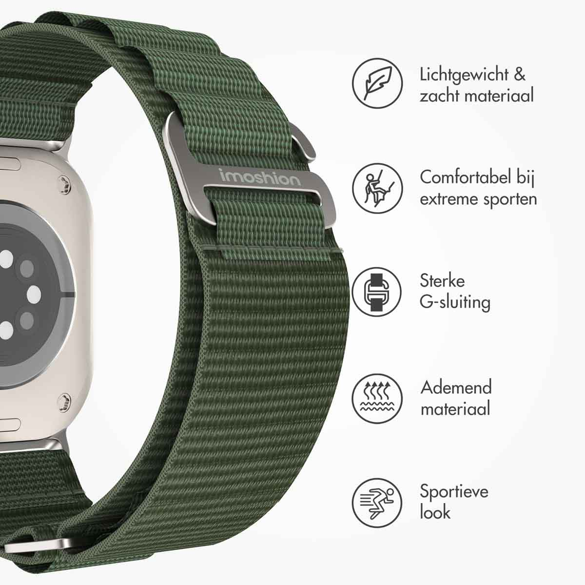 Smartwatch met een groene band. Band heeft een metalen sluiting. Tekst: 'Sportieve look'.