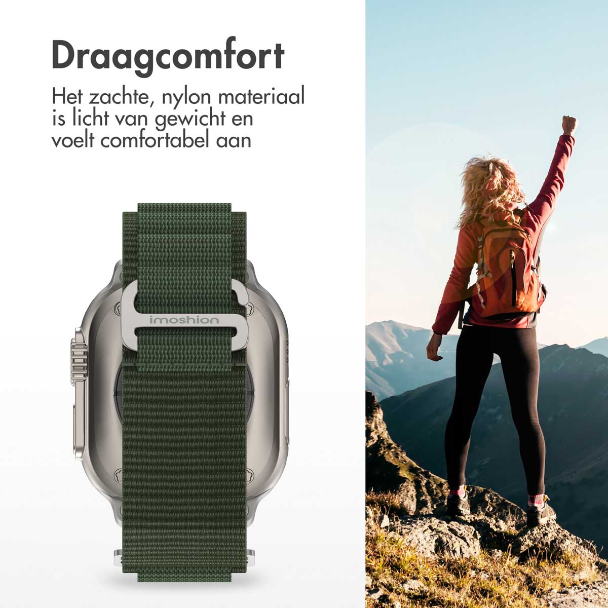 Een smartwatch met een olijfgroene band. Een vrouw staat op een berg met haar arm omhoog. Lucht op de achtergrond.