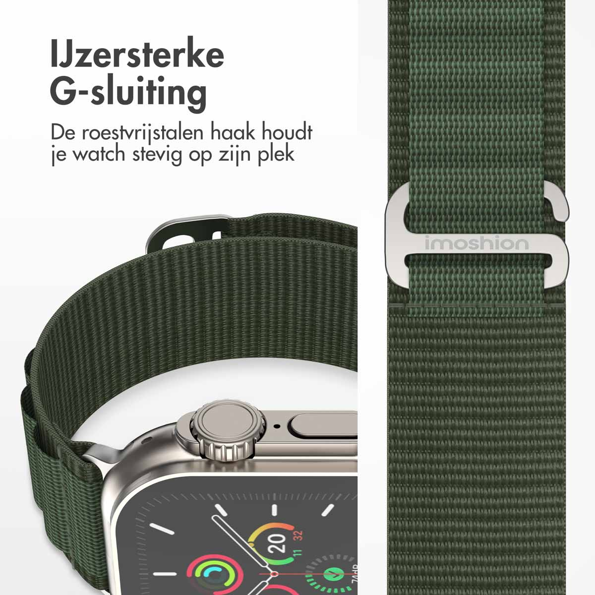 Groene stoffen horlogeband met roestvrijstalen G-haak, close-up van het horloge.