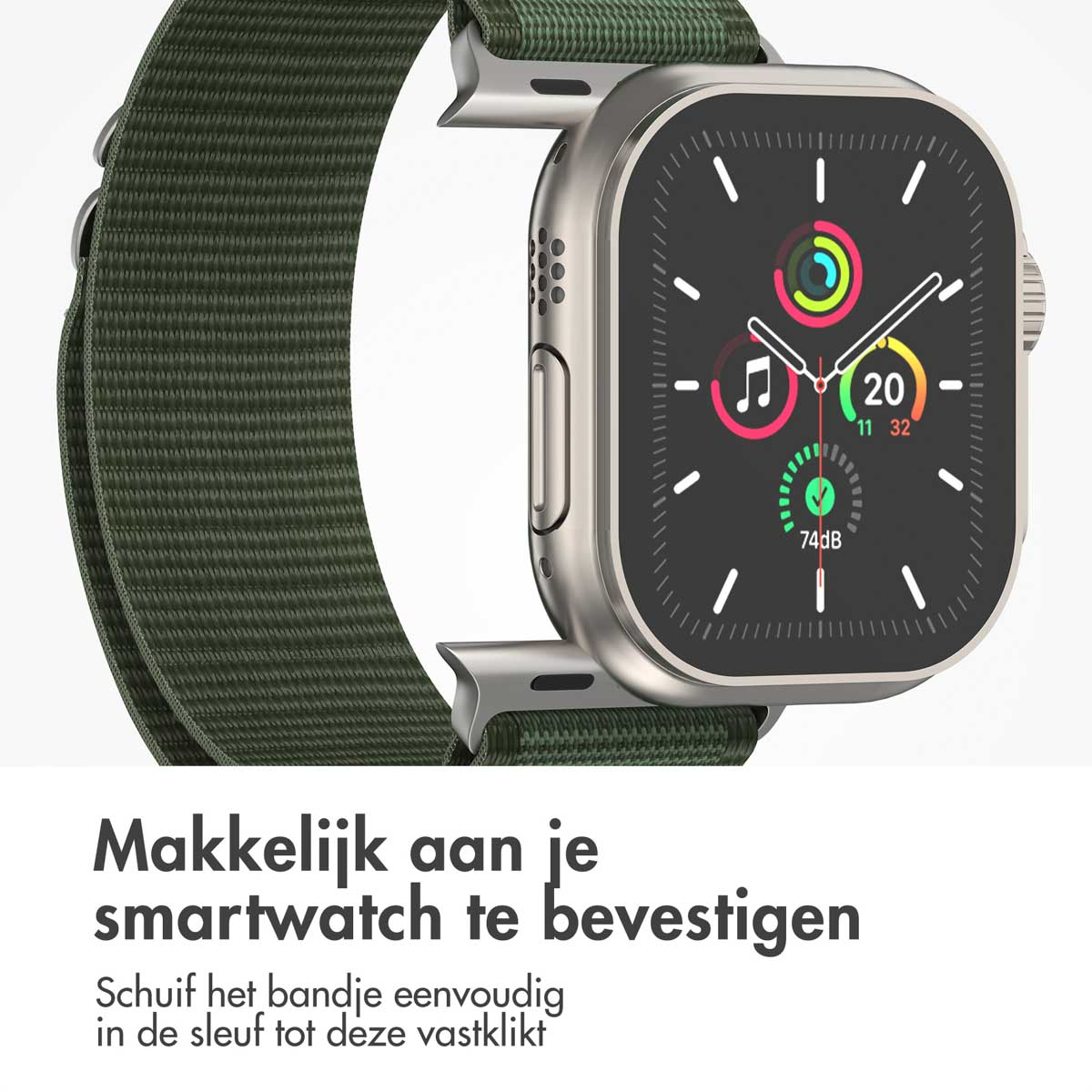 Een smartwatch met een olijfgroene band. De band wikkelt zich om het horloge. Het scherm toont iconen en tijd.