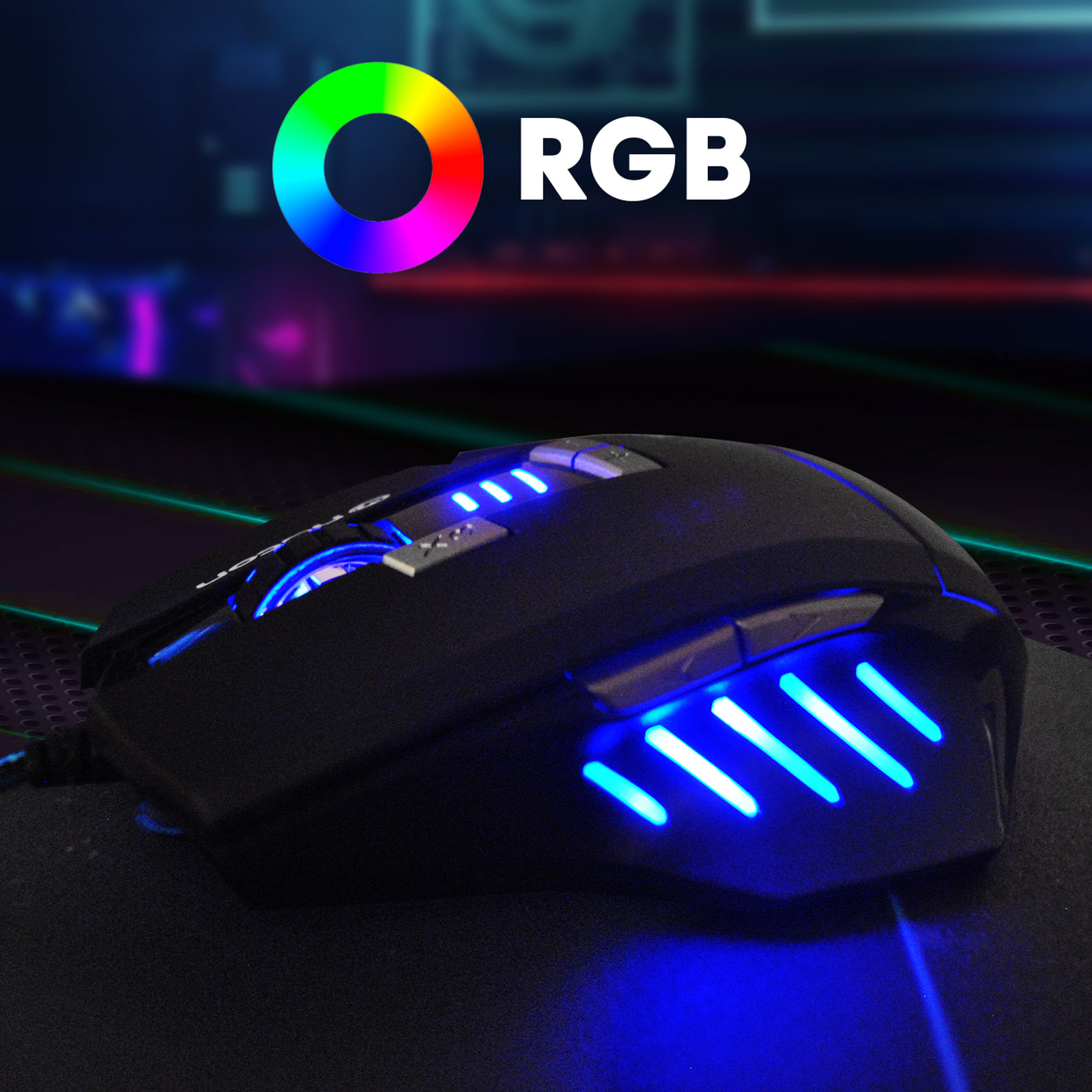 Czarna mysz do gier z niebieskimi światłami, kołem kolorów RGB i czarną podkładką pod mysz.