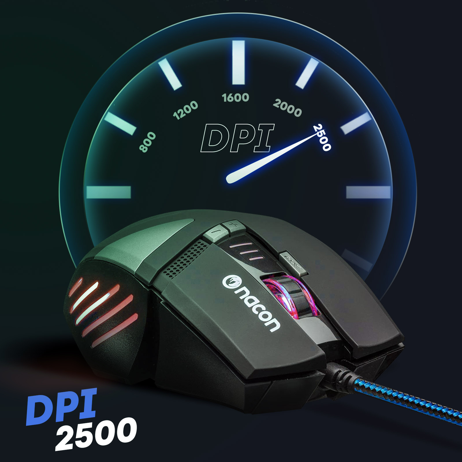 Czarna mysz do gier ze wskaźnikiem DPI na niebieskim tle.