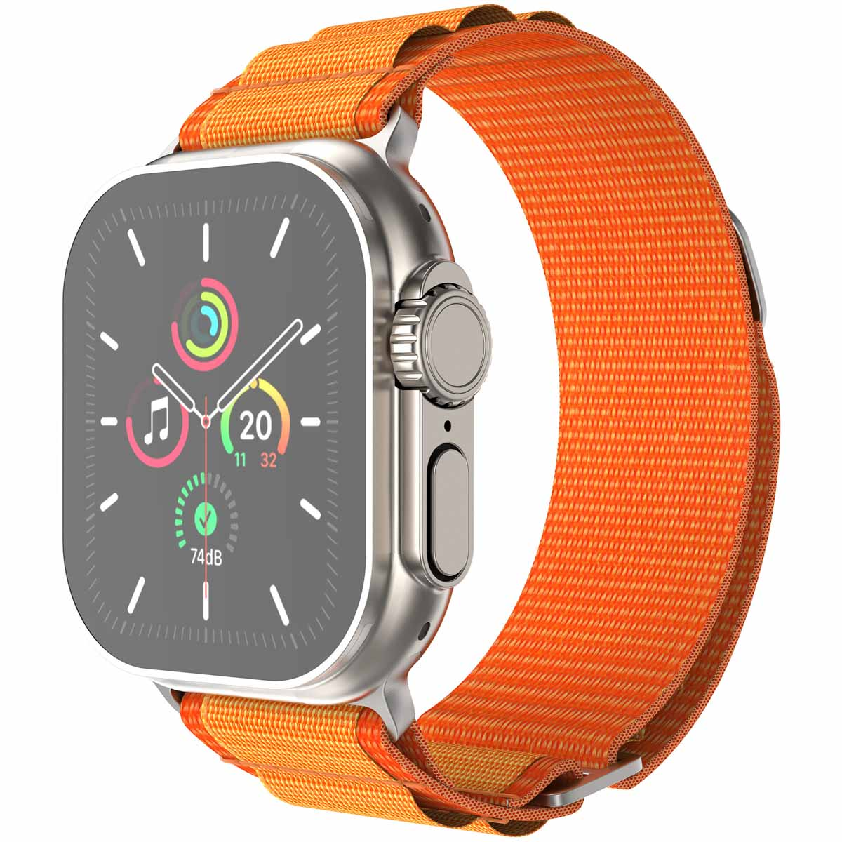 Zilveren Apple Watch met een oranje stoffen band, toont de tijd en verschillende apps.