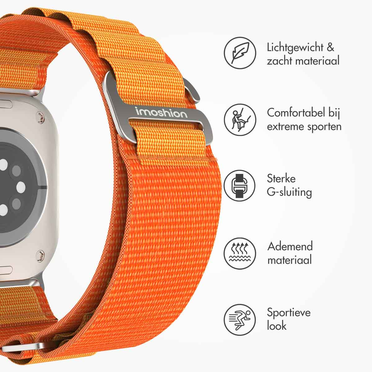 Zilveren Apple Watch met oranje band. Pictogrammen tonen functies zoals lichtgewicht, sport en veilige sluiting.