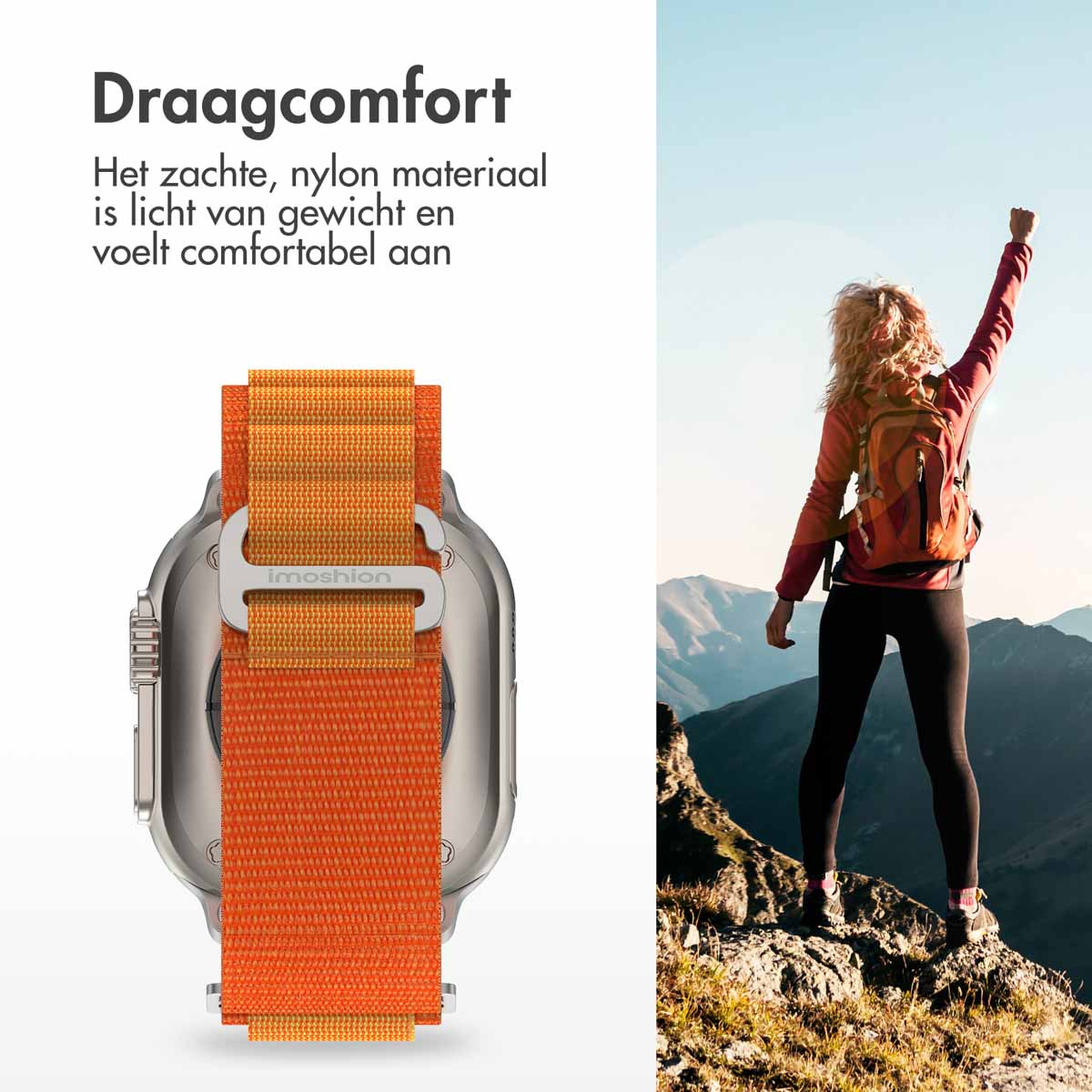 Een smartwatch met een oranje band. Een vrouw staat op een berg met haar arm omhoog. Lucht op de achtergrond.