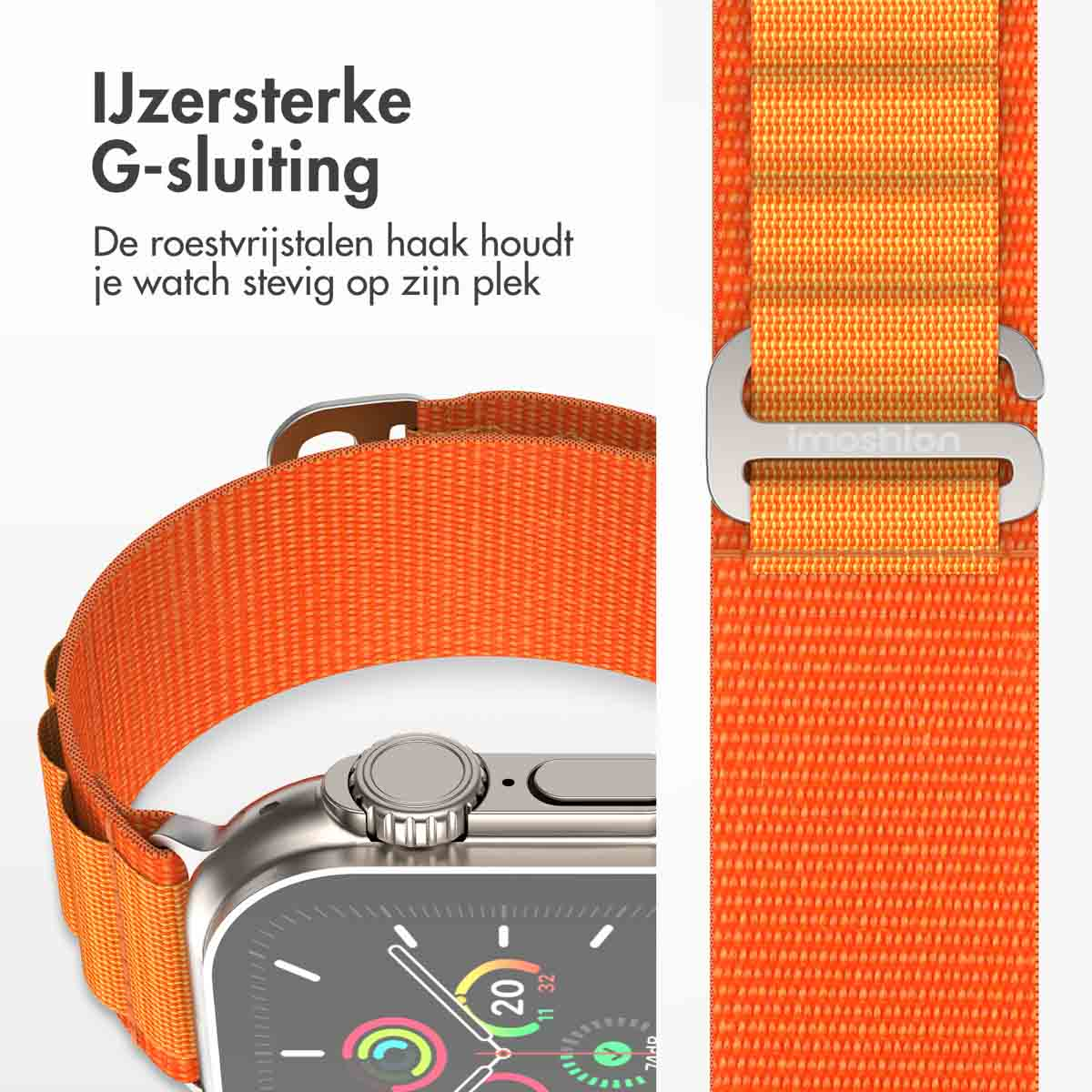 Close-up van een oranje smartwatch bandje met details. De sluiting is zichtbaar.