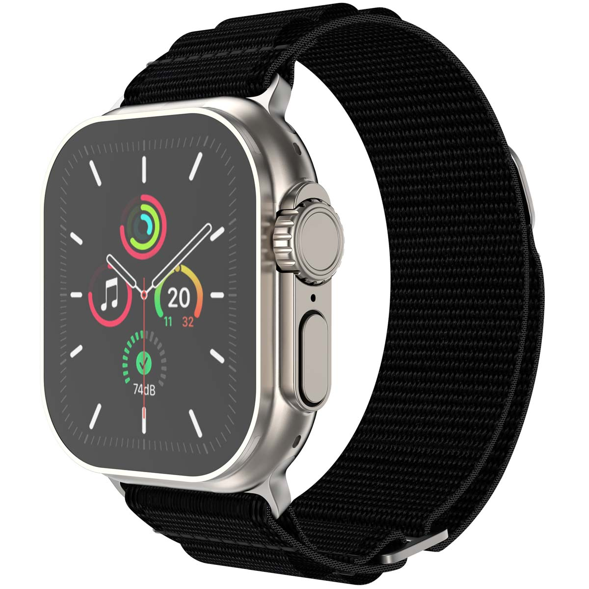 Zilveren Apple Watch met zwarte band. De horloge toont tijd en gezondheidsgegevens.