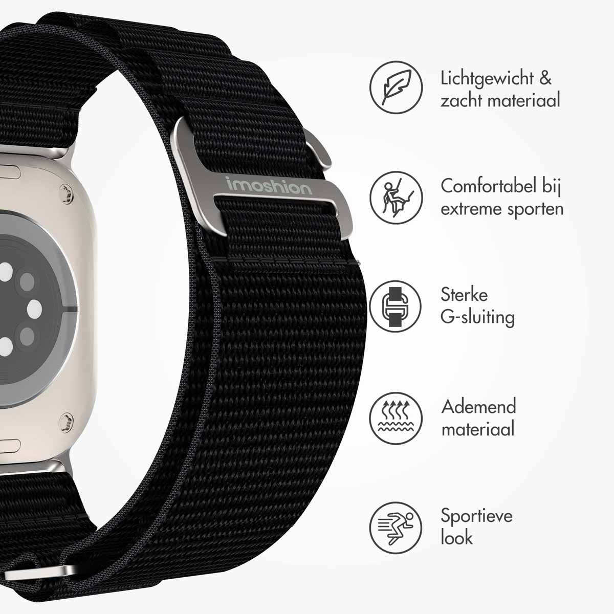 Close-up van een zwarte smartwatch band met details en iconen. De merknaam is imoshion.