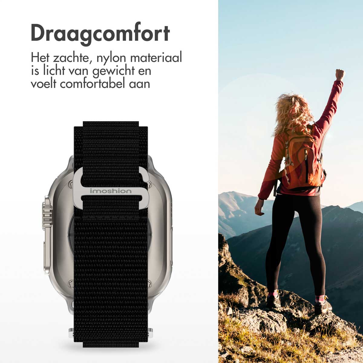 Een smartwatch met een zwarte band. Een vrouw staat op een berg met haar arm omhoog. Lucht op de achtergrond.