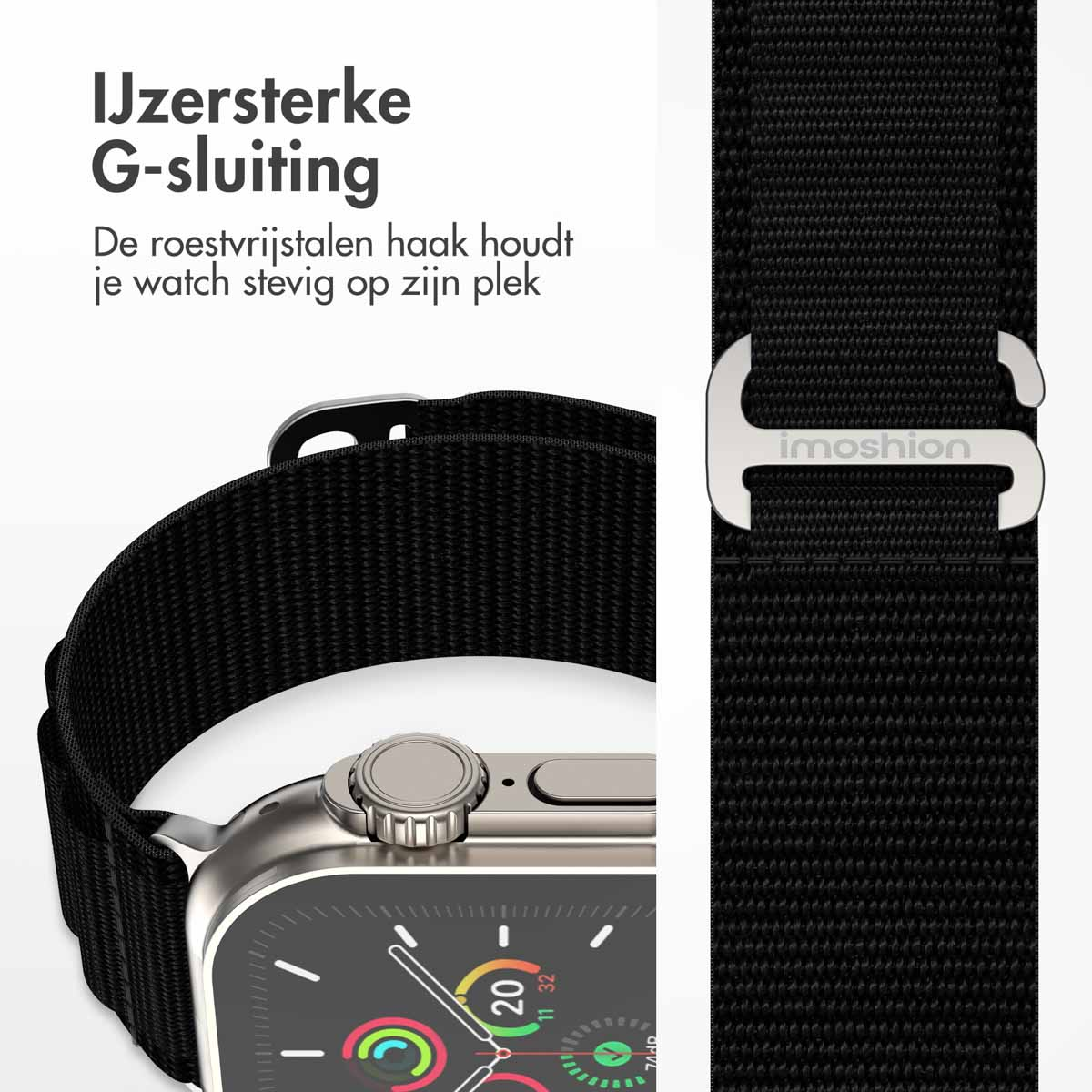 Close-up van een zwarte horlogeband met een zilveren gesp bevestigd aan een zilveren Apple Watch.